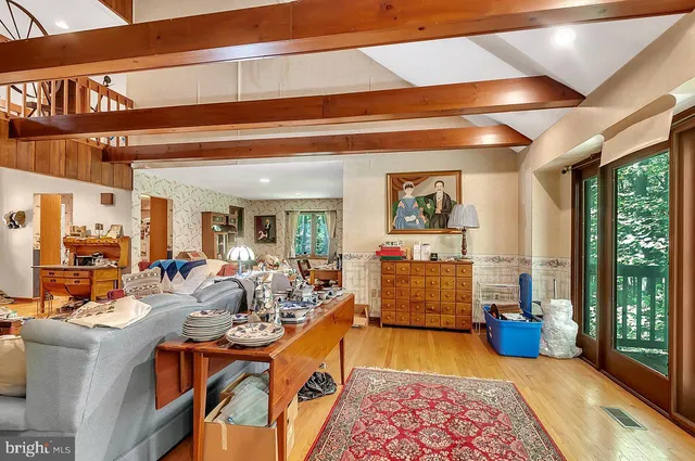 a living room with furniture ceiling fan and a rug