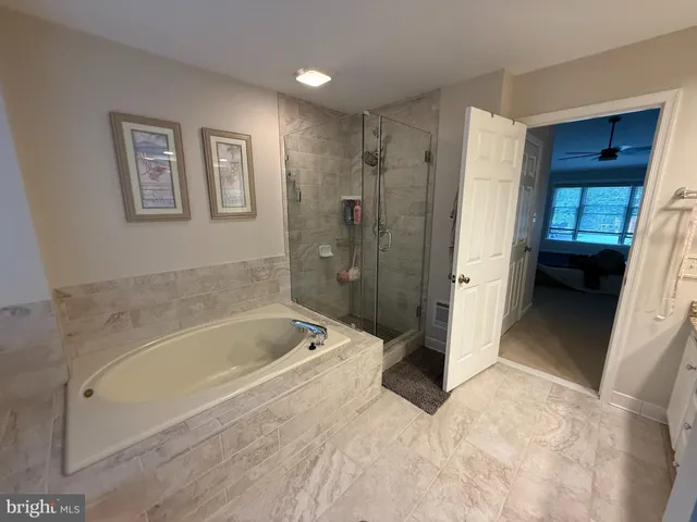 a bathroom with a bathtub and a shower