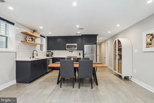 a view of a dining room with furniture
