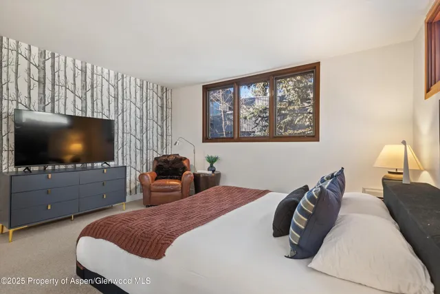 a bedroom with furniture and a large window