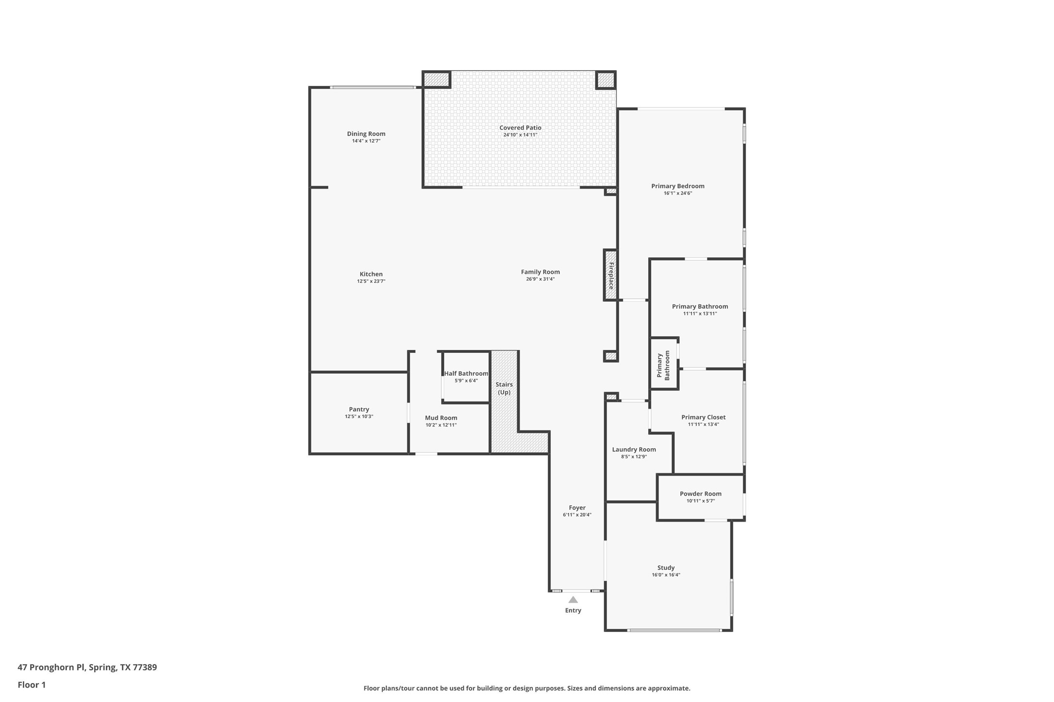 47 Pronghorn Place Spring, TX 77389 - Photo 43 of 44 This floor plan features a spacious layout with a primary bedroom suite, open kitchen, dining and family room areas, a study, mudroom, pantry, and laundry room. There's also a covered patio and multiple bathrooms, including a powder room.