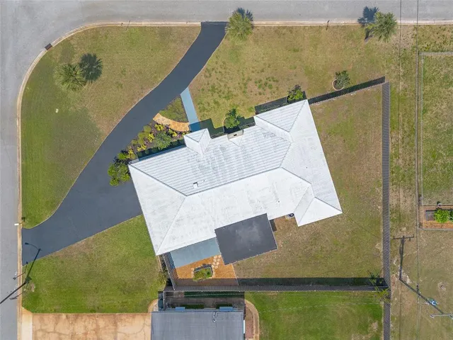 an aerial view of a swimming pool
