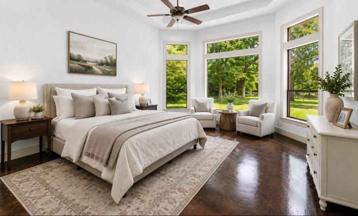 2242 Spring Branch Road Montgomery, TX 77316 - Photo 16 of 44 Spacious primary bedroom with large picture windows, tray ceiling and room for a sitting area. Virtually staged.
