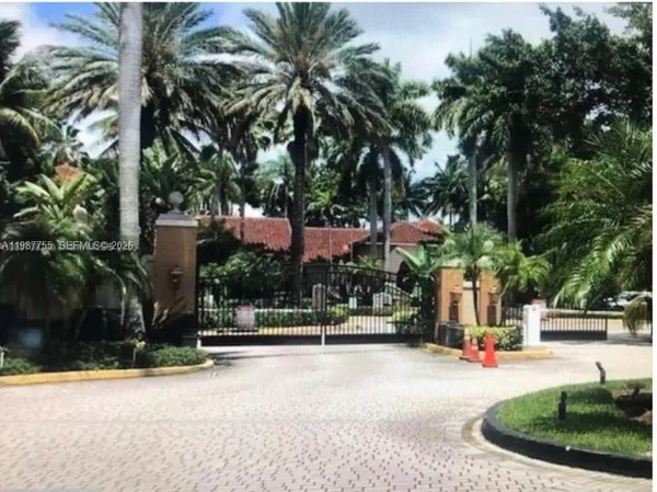 a view of a park with palm trees