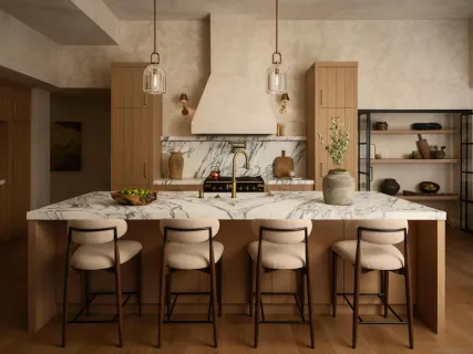 a kitchen with a table and chairs