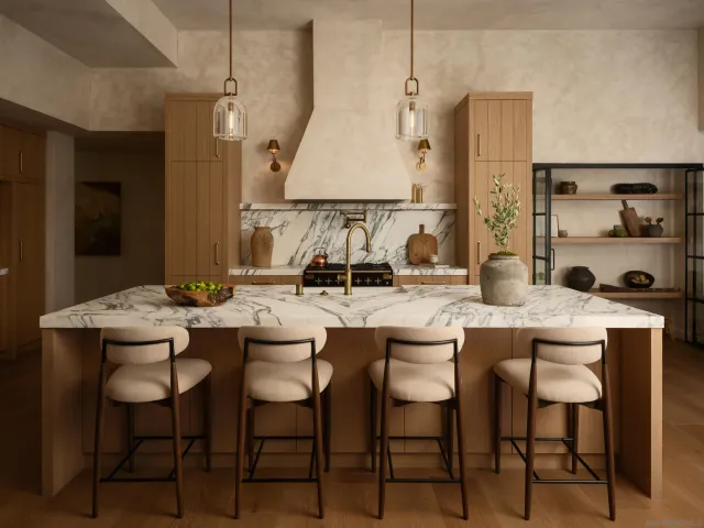 a kitchen with a table and chairs