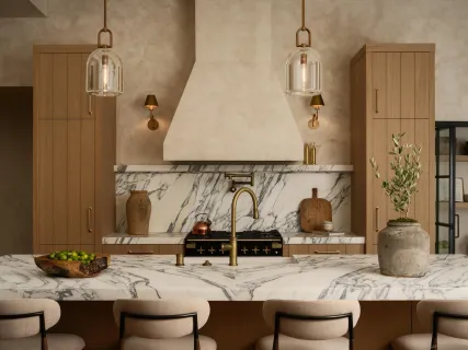 a kitchen with a stove and a refrigerator