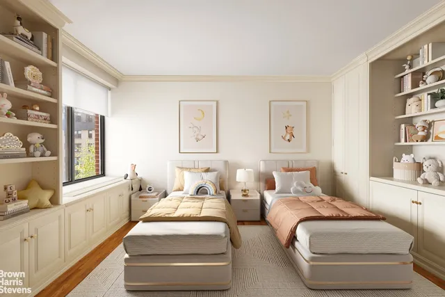 a bedroom with a large bed and a large window with potted plants