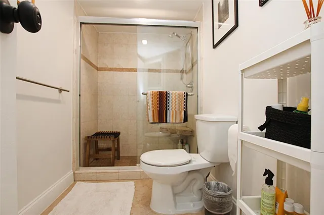 a bathroom with a toilet and a shower