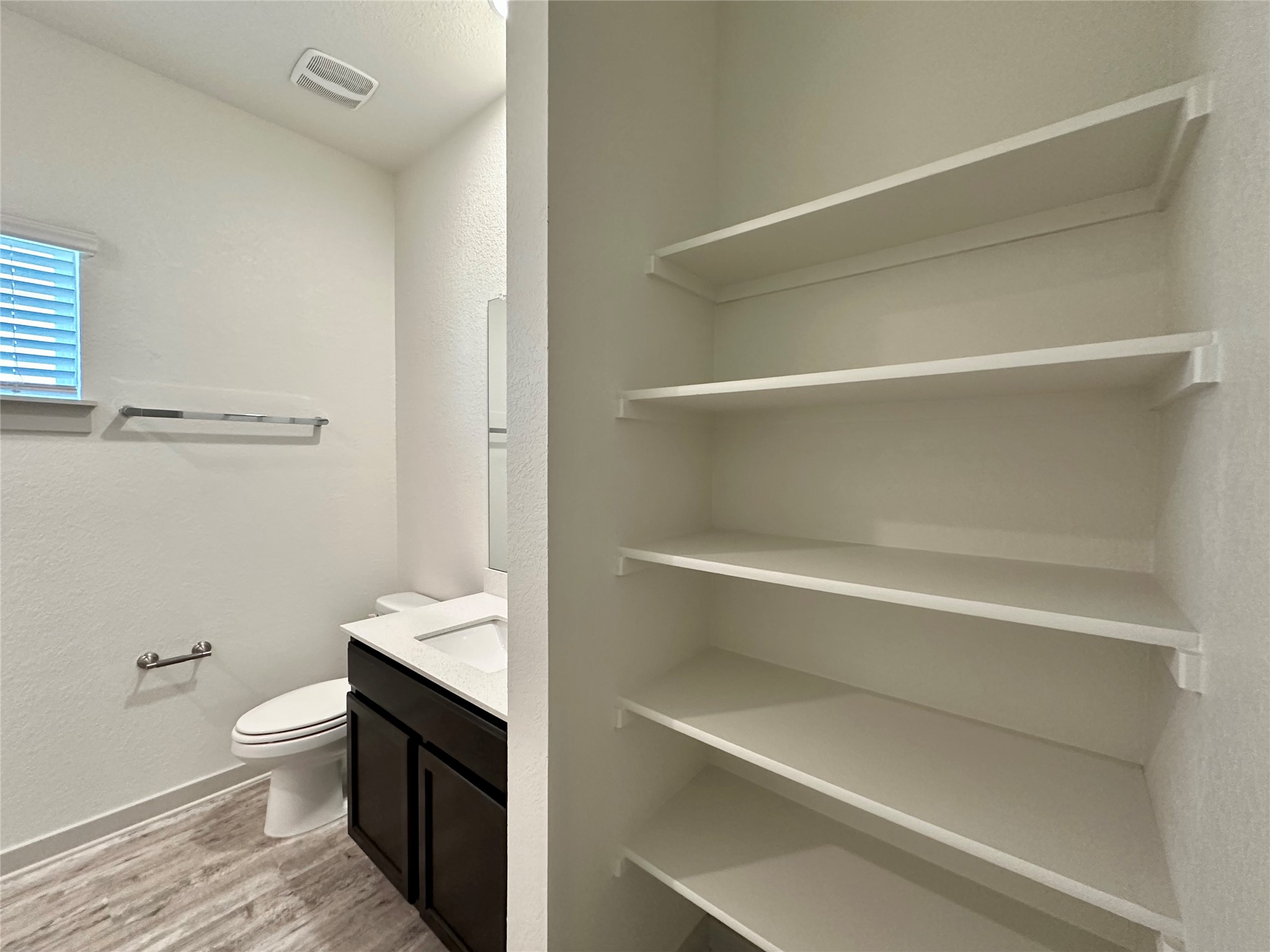 5132 Vanner Path Georgetown, TX 78626 - Photo 26 of 37 Bathroom with vanity, a textured wall, light wood-type flooring, and a closet
