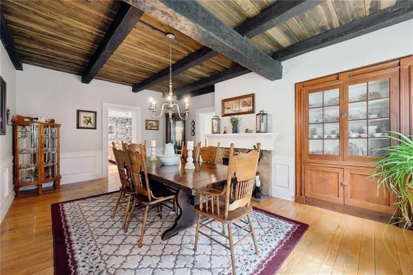 a view of a dining room with furniture