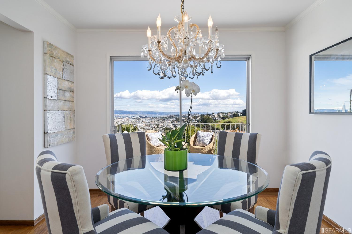 385 Corbett Avenue San Francisco, CA 94114 - Photo 16 of 72 a view of a dining room with furniture a chandelier and wooden floor