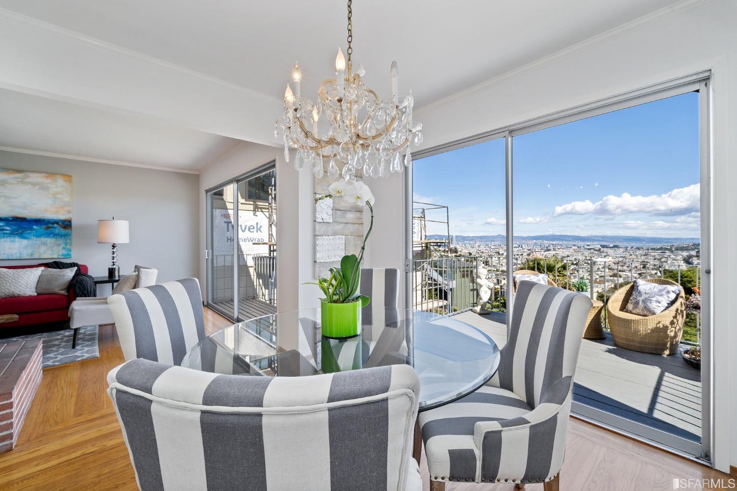 385 Corbett Avenue San Francisco, CA 94114 - Photo 17 of 72 a view of a dining room with furniture a chandelier and large windows