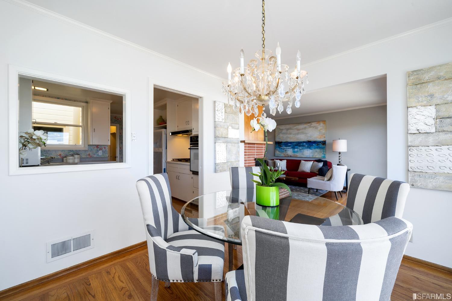385 Corbett Avenue San Francisco, CA 94114 - Photo 26 of 72 a living room with furniture a chandelier and kitchen view