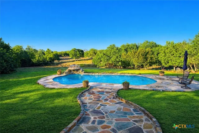 a view of a park with large trees