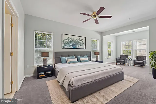 a bedroom with a large bed couch and a window