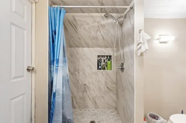 a bathroom with a shower and a toilet