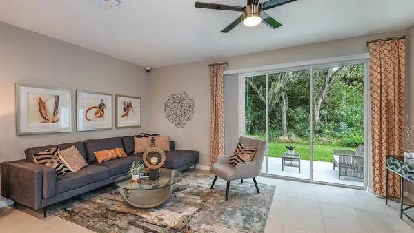 a living room with furniture and a large window