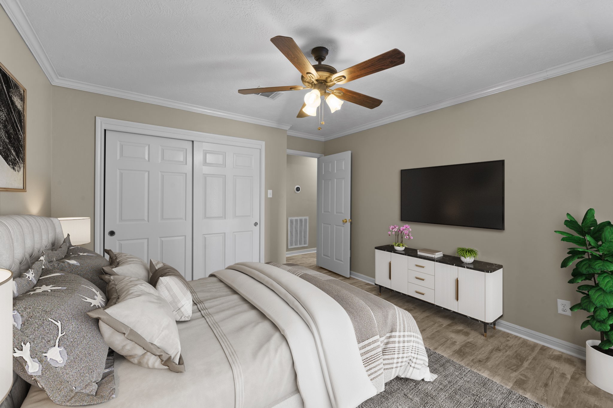 169 April Cove Montgomery, TX 77356 - Photo 8 of 39 Virtually Staged: Beautiful secondary bedroom complete with tile flooring, neutral paint, a dark wood stained ceiling fan, and a spacious built-in closet.