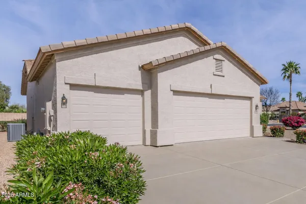 a view of a house with garage and plants