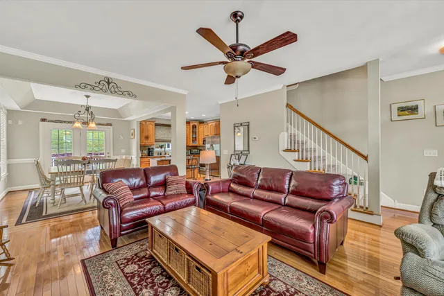 a living room with furniture a ceiling fan and a rug