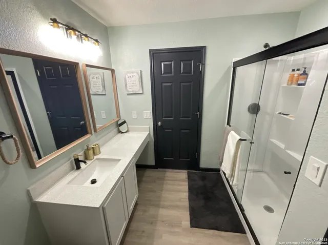 a bathroom with a sink a mirror and a shower