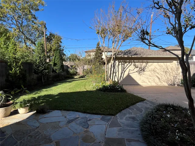 a view of a yard with plants and a bench