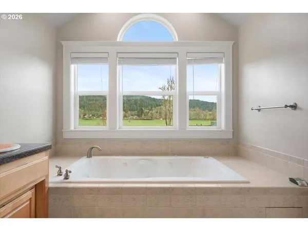 a bathroom with a bathtub and a window