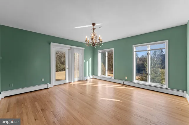 a view of empty room with wooden floor and fireplace