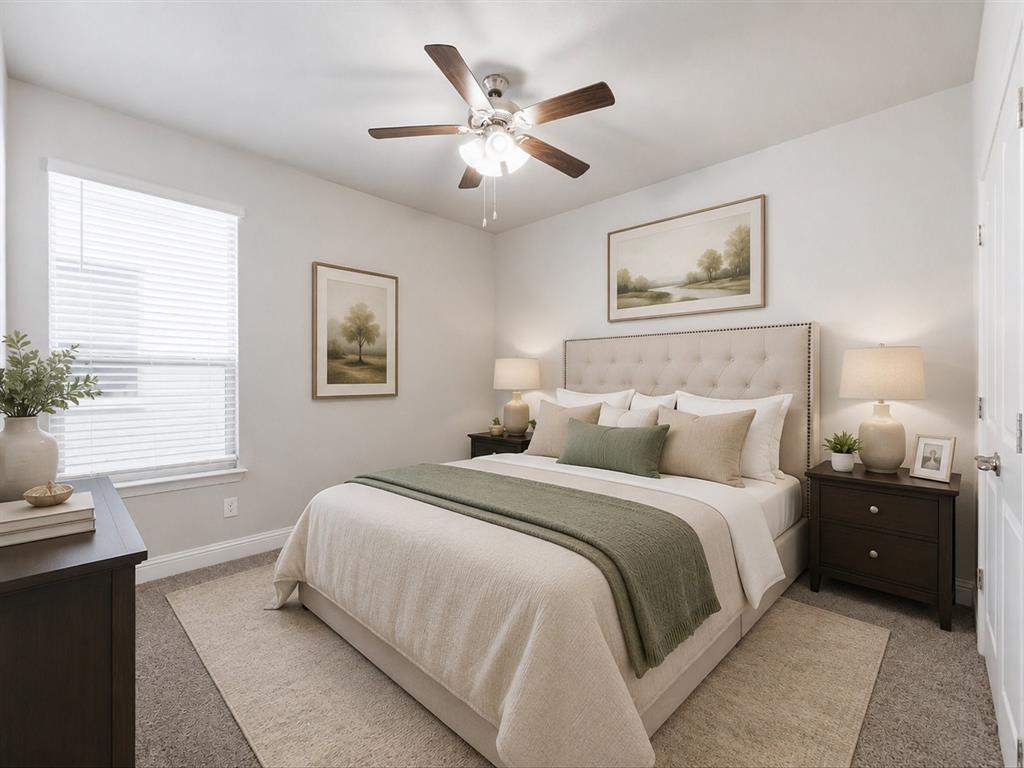1121 Knightsbridge Road Argyle, TX 76226 - Photo 9 of 39 Virtually staged bedroom featuring a ceiling fan with light fixture, window with blinds, and white interior door