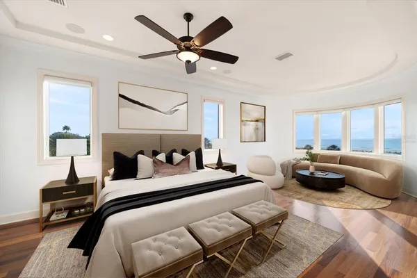 a view of a balcony with wooden floor