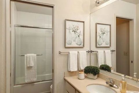 a bathroom with a granite countertop shower sink and mirror