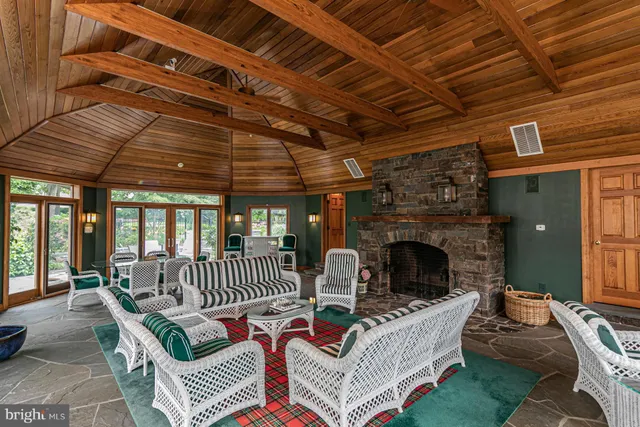 a view of a park with large trees