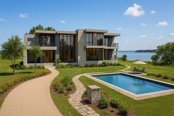 a view of a house with pool and chairs