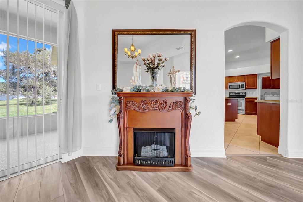 10177 Deer Street Spring Hill, FL 34608 - Photo 16 of 73 a living room with a fireplace and a painting on the wall