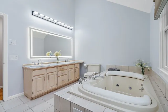 a bathroom with a sink vanity granite toilet and a mirror