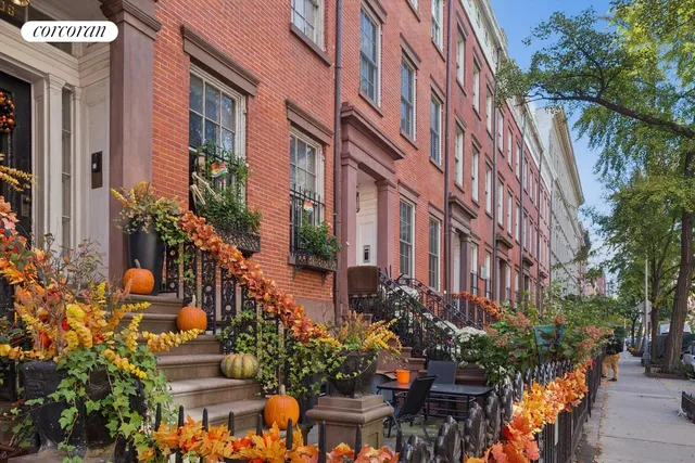 a city street lined with tall buildings and next to a large tree