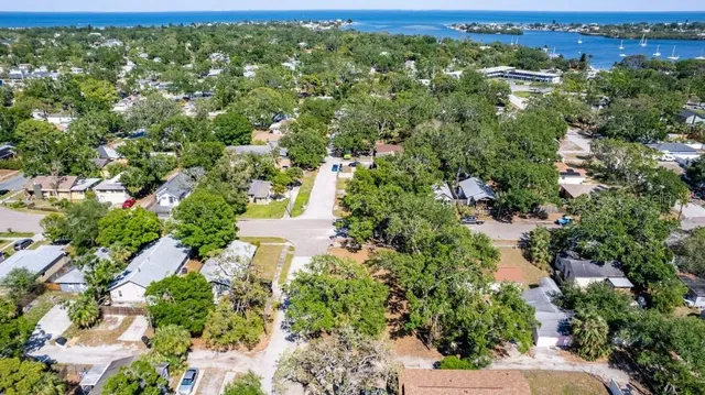 an aerial view of residential houses with outdoor space and trees