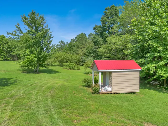 a view of a grassy field with trees