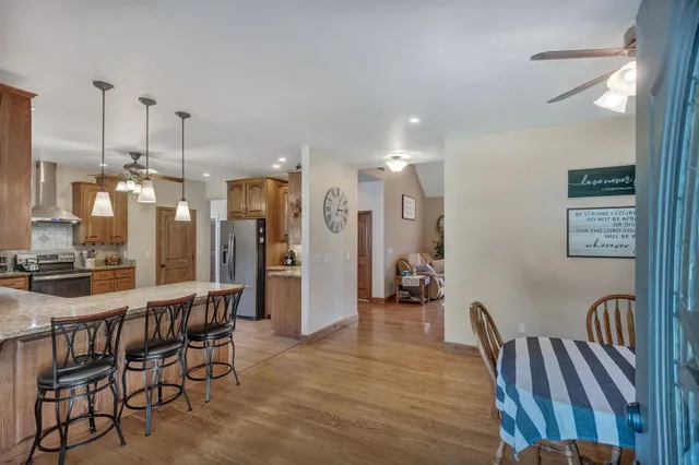 a view of a kitchen and dining room