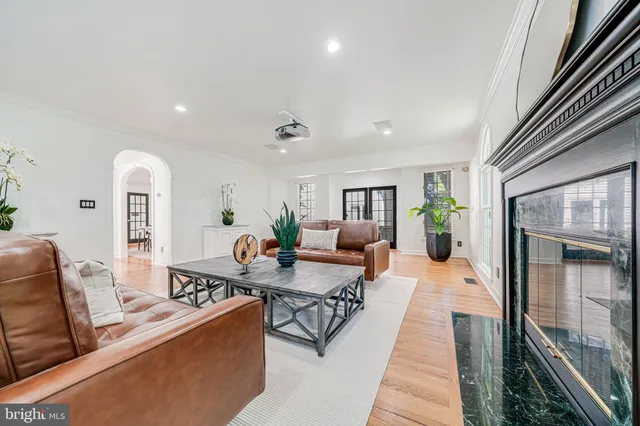 a living room with furniture a fireplace and a chandelier