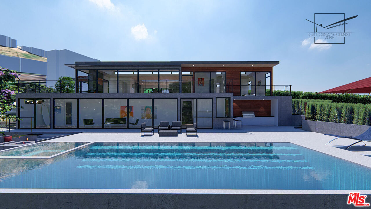 a view of house with outdoor seating space and swimming pool