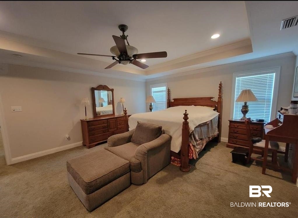16311 Old Brady Road Bay Minette, AL 36507 - Photo 12 of 38 Spacious room featuring tray ceiling, recessed lighting, ceiling fan, and carpet flooring