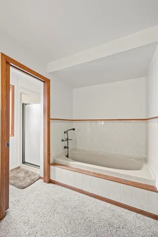 a bathroom with a bathtub and shower