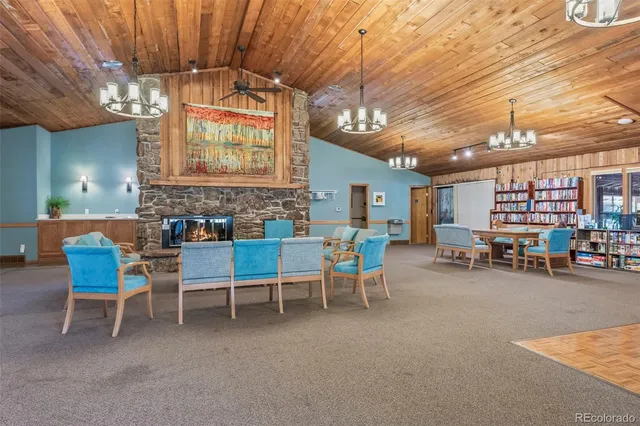 a view of a chairs and tables in a room