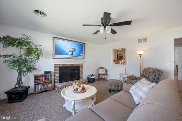 a living room with furniture a fireplace and a potted plant