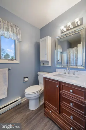 a bathroom with a toilet sink and mirror