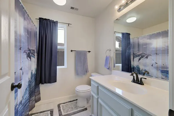 a bathroom with a sink a toilet and a large mirror