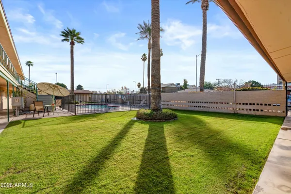 a view of a garden with a slide