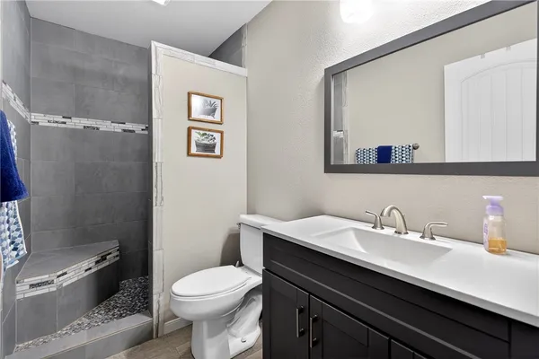 a bathroom with a sink a toilet and mirror